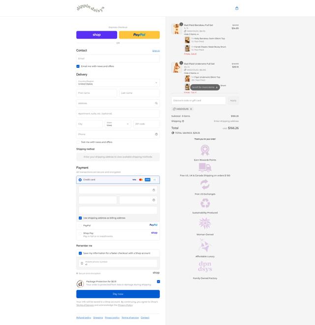Dippin' Daisy's Swimwear checkout page showing Dippin' Daisy's Swimwear promo code box | Screenshot taken by SimplyCodes community member on Sep 14, 2025