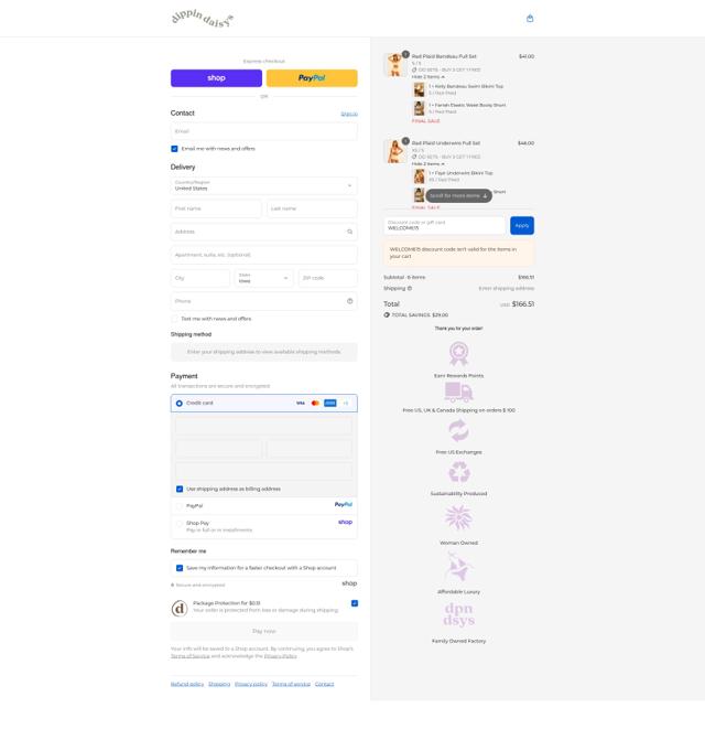 Dippin' Daisy's Swimwear checkout page showing Dippin' Daisy's Swimwear promo code box | Screenshot taken by SimplyCodes community member on Sep 14, 2025