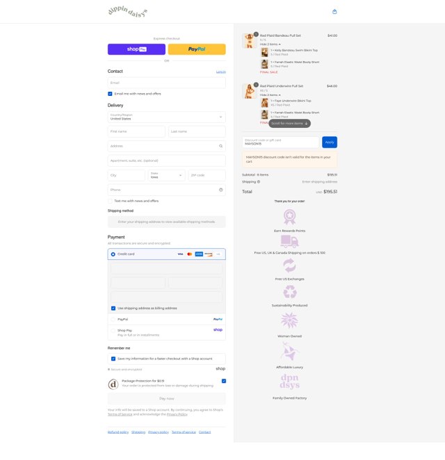 Dippin' Daisy's Swimwear checkout page showing Dippin' Daisy's Swimwear promo code box | Screenshot taken by SimplyCodes community member on Aug 28, 2025