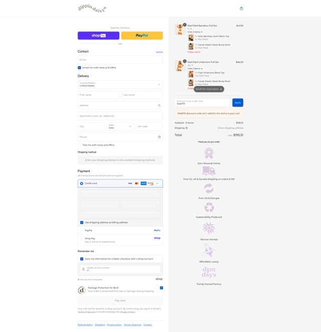 Dippin' Daisy's Swimwear checkout page showing Dippin' Daisy's Swimwear promo code box | Screenshot taken by SimplyCodes community member on Aug 28, 2025