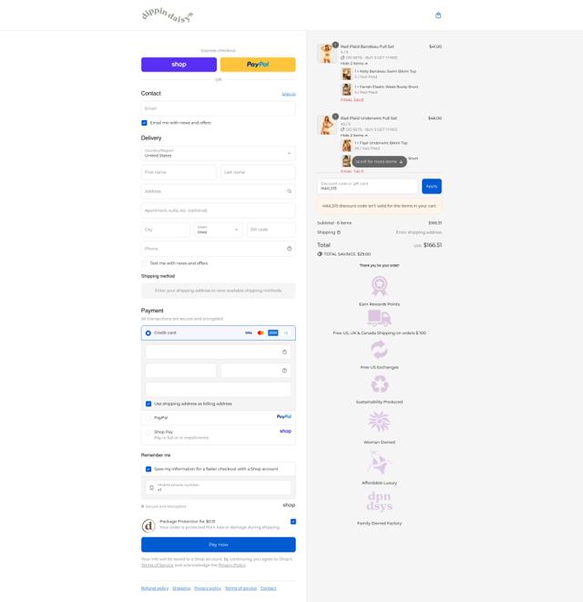 Dippin' Daisy's Swimwear checkout page showing Dippin' Daisy's Swimwear promo code box | Screenshot taken by SimplyCodes community member on Sep 14, 2025