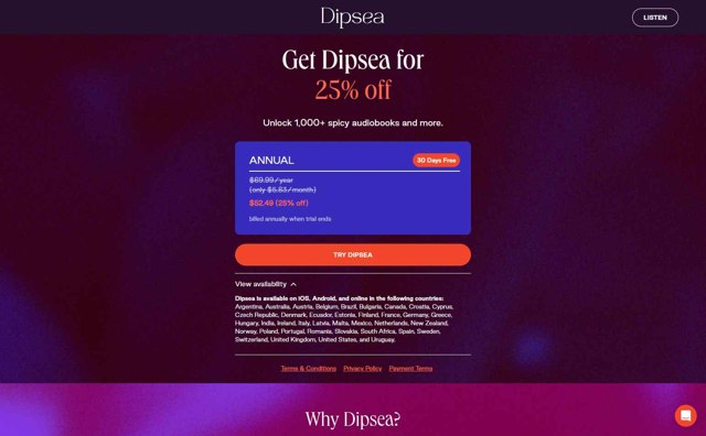 Dipsea checkout page showing Dipsea promo code box | Screenshot taken by SimplyCodes community member on Aug 21, 2025