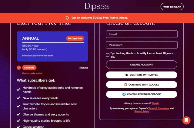 Dipsea checkout page showing Dipsea promo code box | Screenshot taken by SimplyCodes community member on Aug 25, 2025