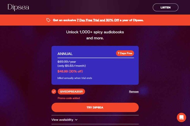 Dipsea checkout page showing Dipsea promo code box | Screenshot taken by SimplyCodes community member on Aug 5, 2025