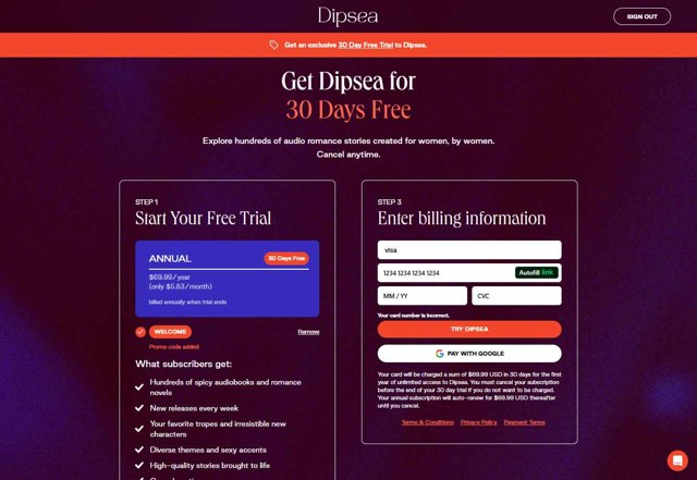 Dipsea checkout page showing Dipsea promo code box | Screenshot taken by SimplyCodes community member on Aug 19, 2025