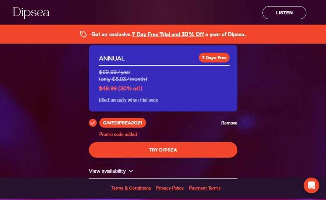 Dipsea checkout page showing Dipsea promo code box | Screenshot taken by SimplyCodes community member on Sep 3, 2025
