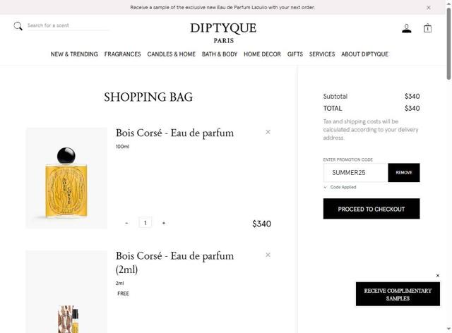 Diptyque Paris checkout page showing Diptyque Paris promo code box | Screenshot taken by SimplyCodes community member on Sep 11, 2025