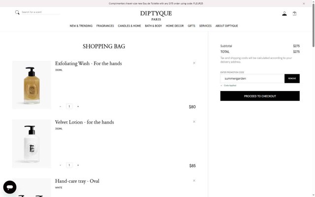 Diptyque Paris checkout page showing Diptyque Paris promo code box | Screenshot taken by SimplyCodes community member on Aug 24, 2025
