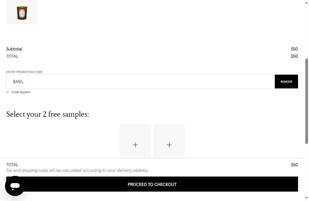 Diptyque Paris checkout page showing Diptyque Paris promo code box | Screenshot taken by SimplyCodes community member on Jan 27, 2026