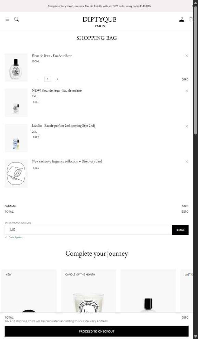 Diptyque Paris checkout page showing Diptyque Paris promo code box | Screenshot taken by SimplyCodes community member on Aug 30, 2025