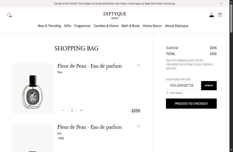Diptyque Paris checkout page showing Diptyque Paris promo code box | Screenshot taken by SimplyCodes community member on Jan 19, 2026