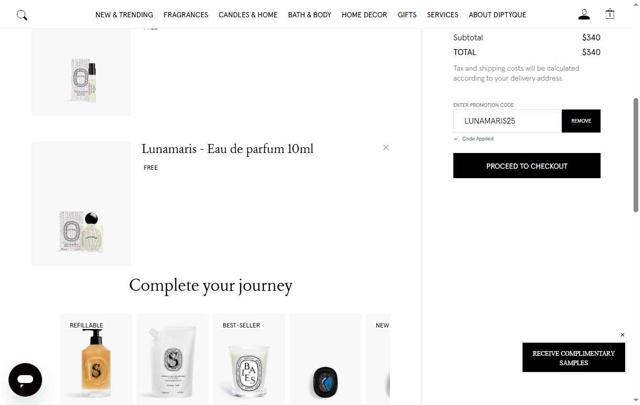 Diptyque Paris checkout page showing Diptyque Paris promo code box | Screenshot taken by SimplyCodes community member on Sep 29, 2025