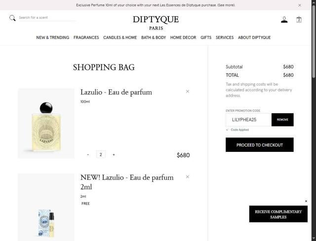 Diptyque Paris checkout page showing Diptyque Paris promo code box | Screenshot taken by SimplyCodes community member on Sep 29, 2025