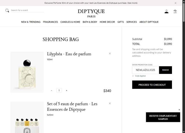 Diptyque Paris checkout page showing Diptyque Paris promo code box | Screenshot taken by SimplyCodes community member on Sep 15, 2025
