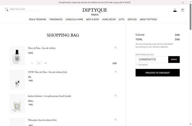 Diptyque Paris checkout page showing Diptyque Paris promo code box | Screenshot taken by SimplyCodes community member on Aug 19, 2025