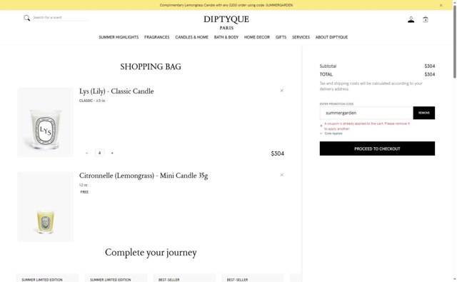 Diptyque Paris checkout page showing Diptyque Paris promo code box | Screenshot taken by SimplyCodes community member on Jul 26, 2025