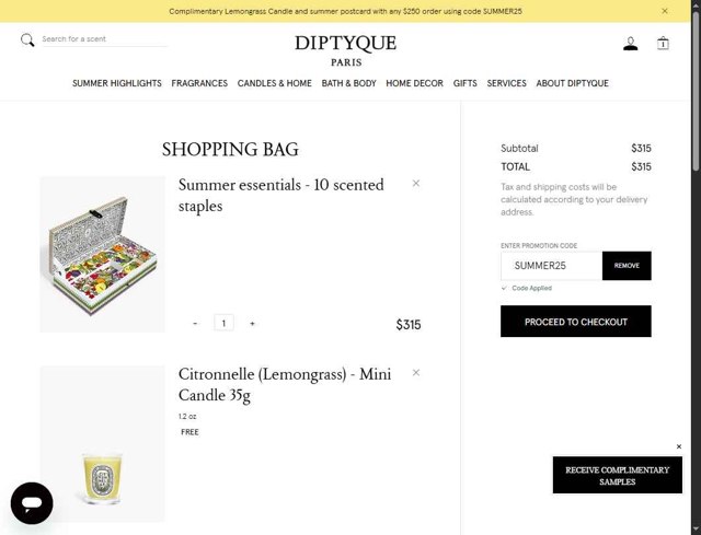 Diptyque Paris checkout page showing Diptyque Paris promo code box | Screenshot taken by SimplyCodes community member on Jul 7, 2025