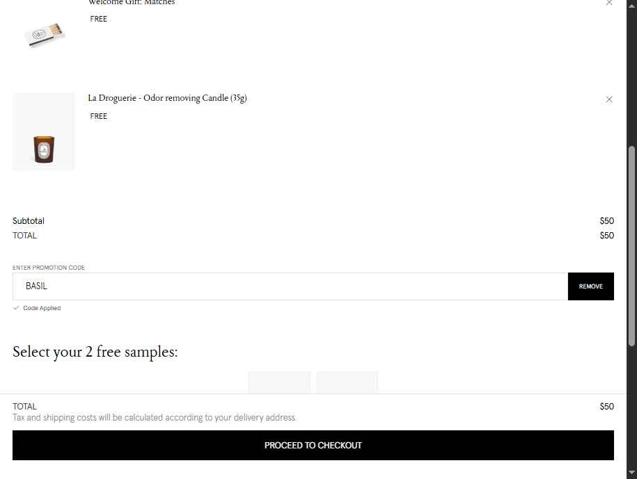 Diptyque Paris checkout page showing Diptyque Paris promo code box | Screenshot taken by SimplyCodes community member on Jan 12, 2026