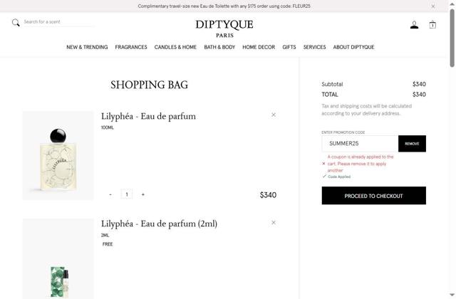 Diptyque Paris checkout page showing Diptyque Paris promo code box | Screenshot taken by SimplyCodes community member on Sep 3, 2025