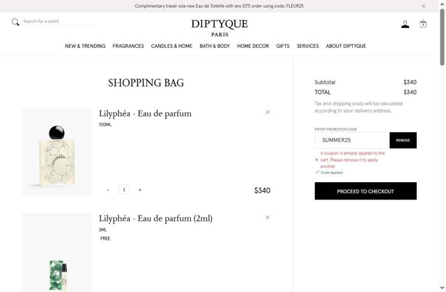 Diptyque Paris checkout page showing Diptyque Paris promo code box | Screenshot taken by SimplyCodes community member on Sep 3, 2025