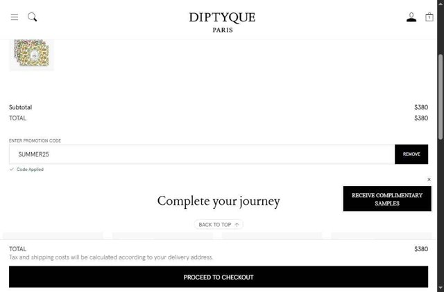 Diptyque Paris checkout page showing Diptyque Paris promo code box | Screenshot taken by SimplyCodes community member on Aug 5, 2025