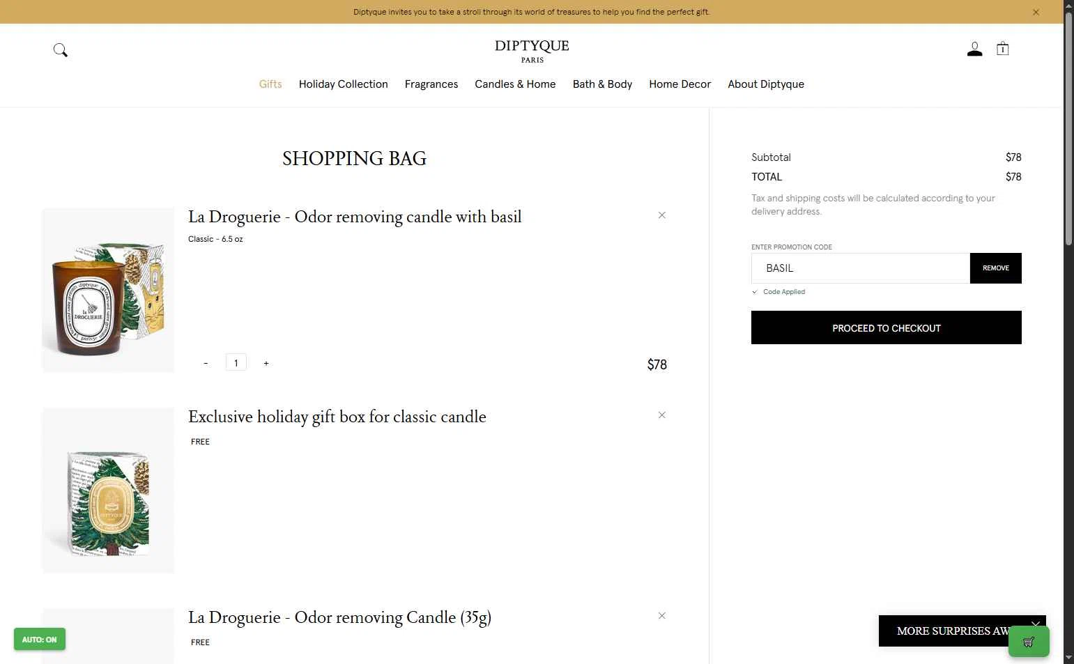 Diptyque Paris checkout page showing Diptyque Paris promo code box | Screenshot taken by SimplyCodes community member on Dec 9, 2025
