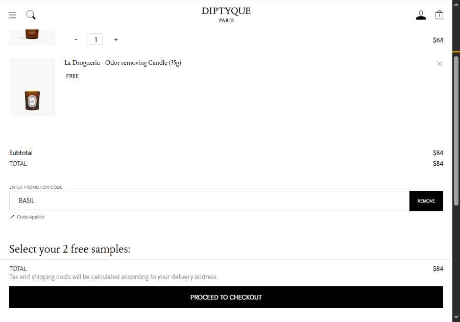 Diptyque Paris checkout page showing Diptyque Paris promo code box | Screenshot taken by SimplyCodes community member on Jan 7, 2026