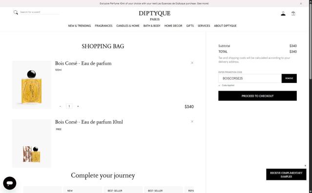 Diptyque Paris checkout page showing Diptyque Paris promo code box | Screenshot taken by SimplyCodes community member on Sep 29, 2025