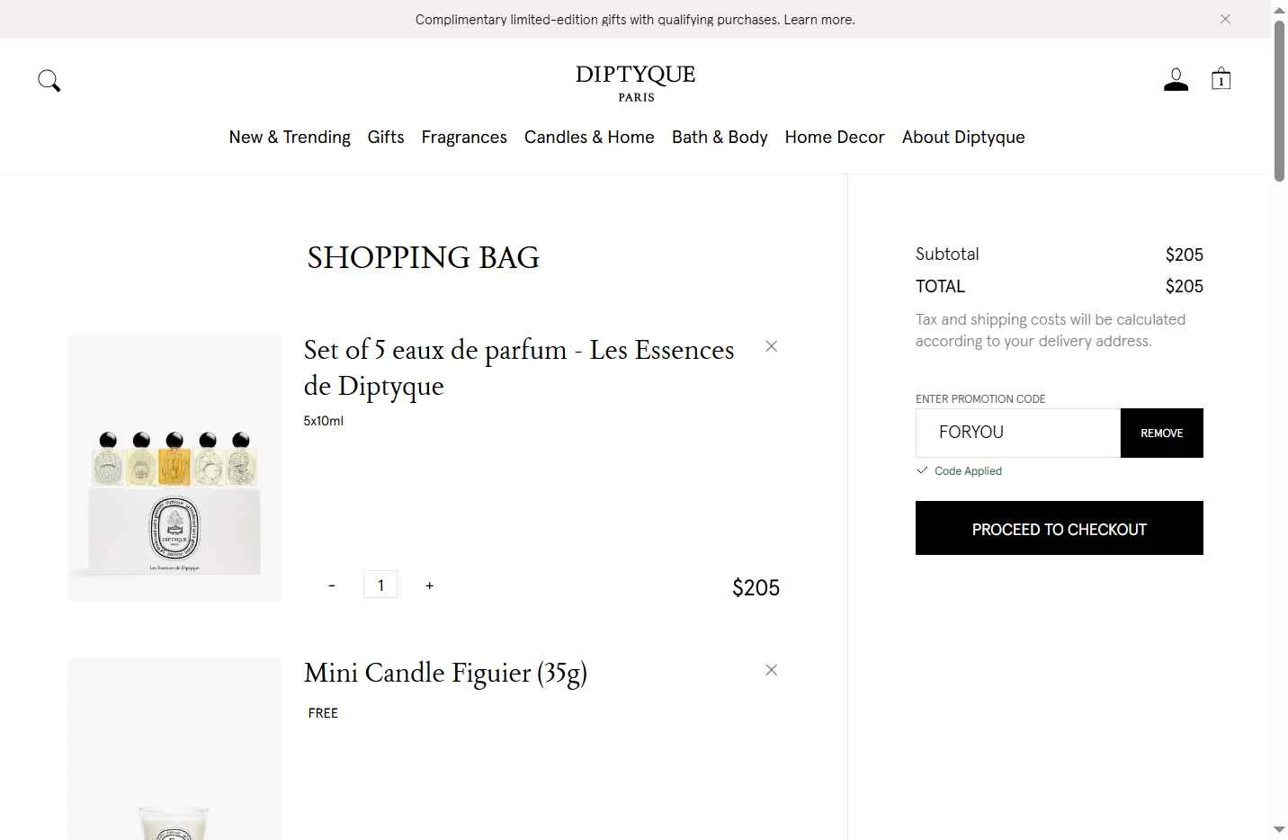 Diptyque Paris checkout page showing Diptyque Paris promo code box | Screenshot taken by SimplyCodes community member on Jan 27, 2026