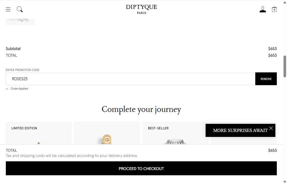Diptyque Paris checkout page showing Diptyque Paris promo code box | Screenshot taken by SimplyCodes community member on Dec 21, 2025
