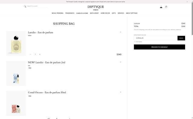 Diptyque Paris checkout page showing Diptyque Paris promo code box | Screenshot taken by SimplyCodes community member on Oct 7, 2025