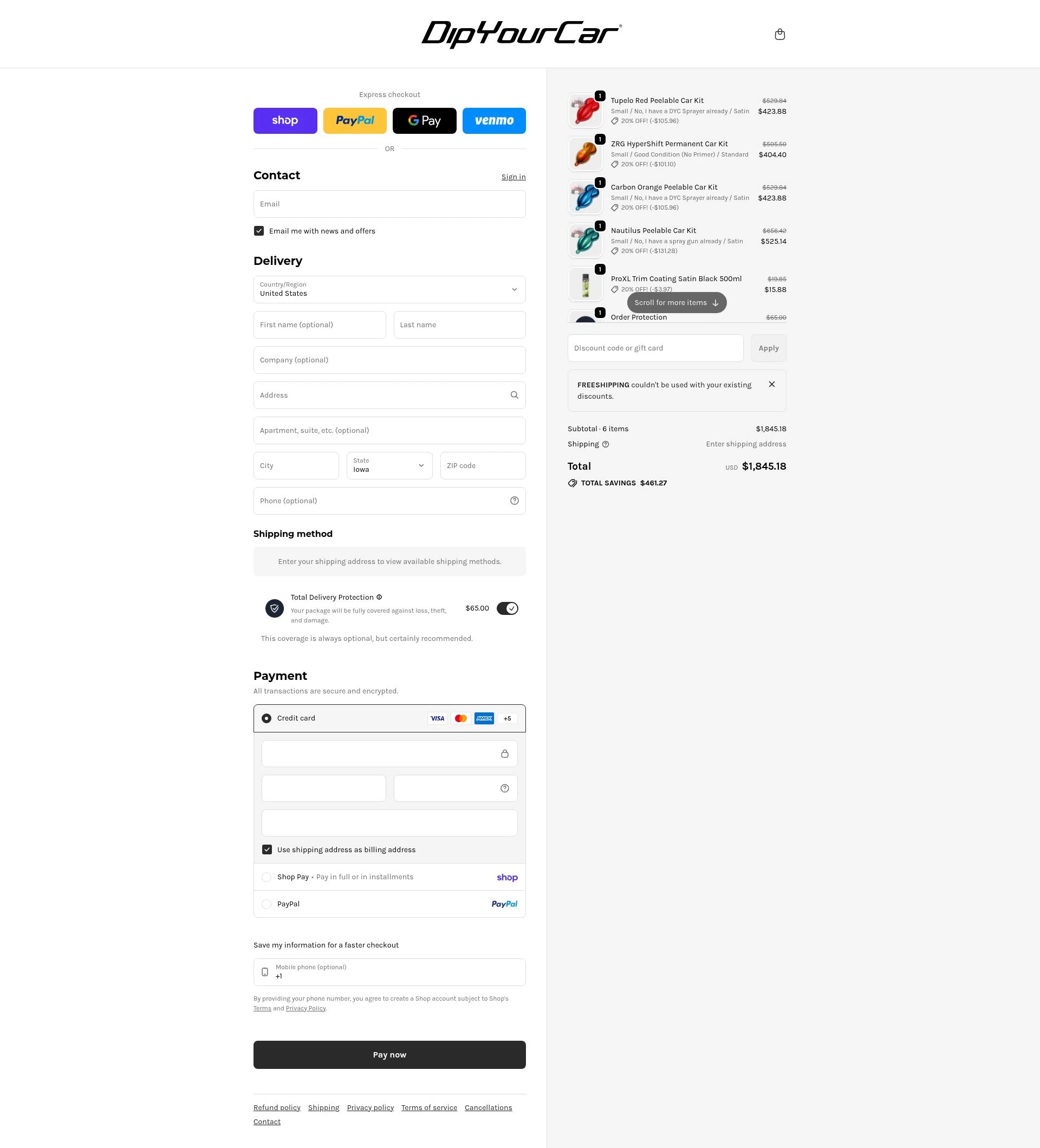 DipYourCar checkout page showing DipYourCar discount code box | Screenshot taken by SimplyCodes community member on Feb 6, 2026
