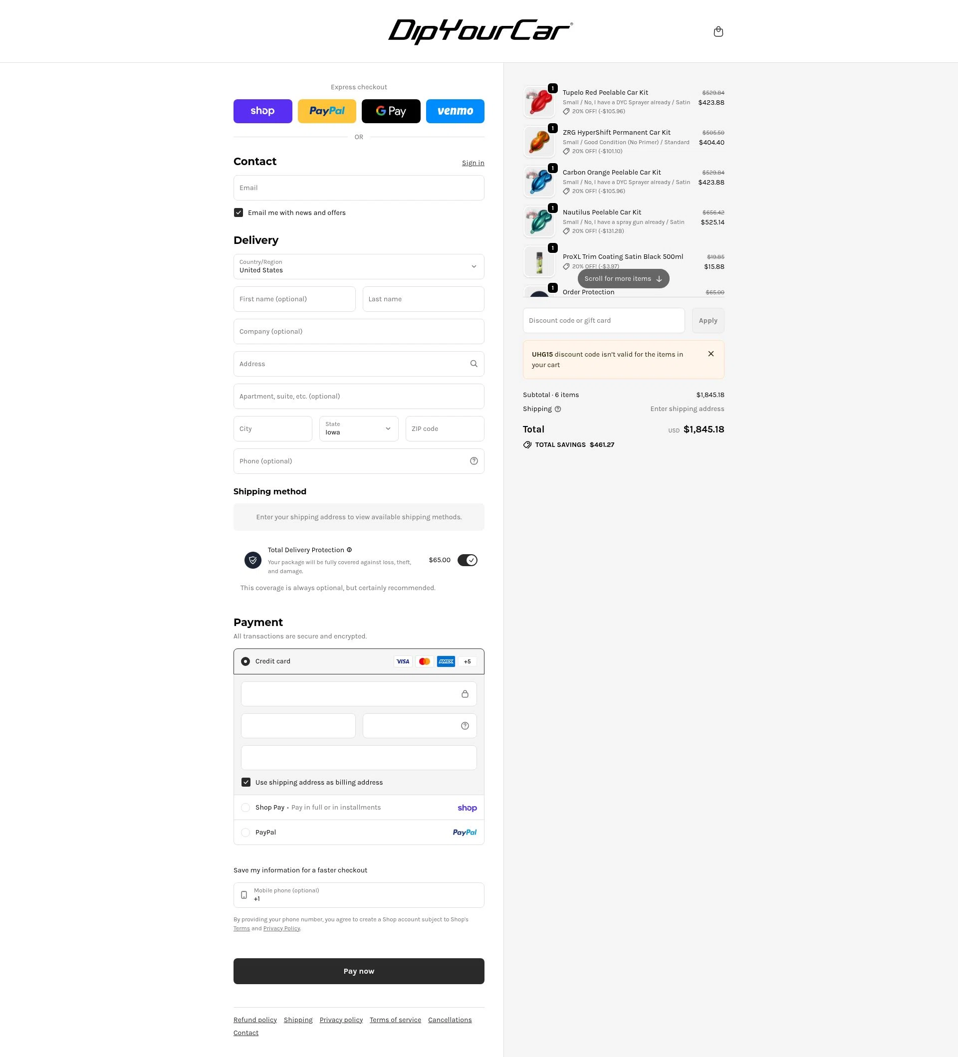 DipYourCar checkout page showing DipYourCar discount code box | Screenshot taken by SimplyCodes community member on Feb 6, 2026