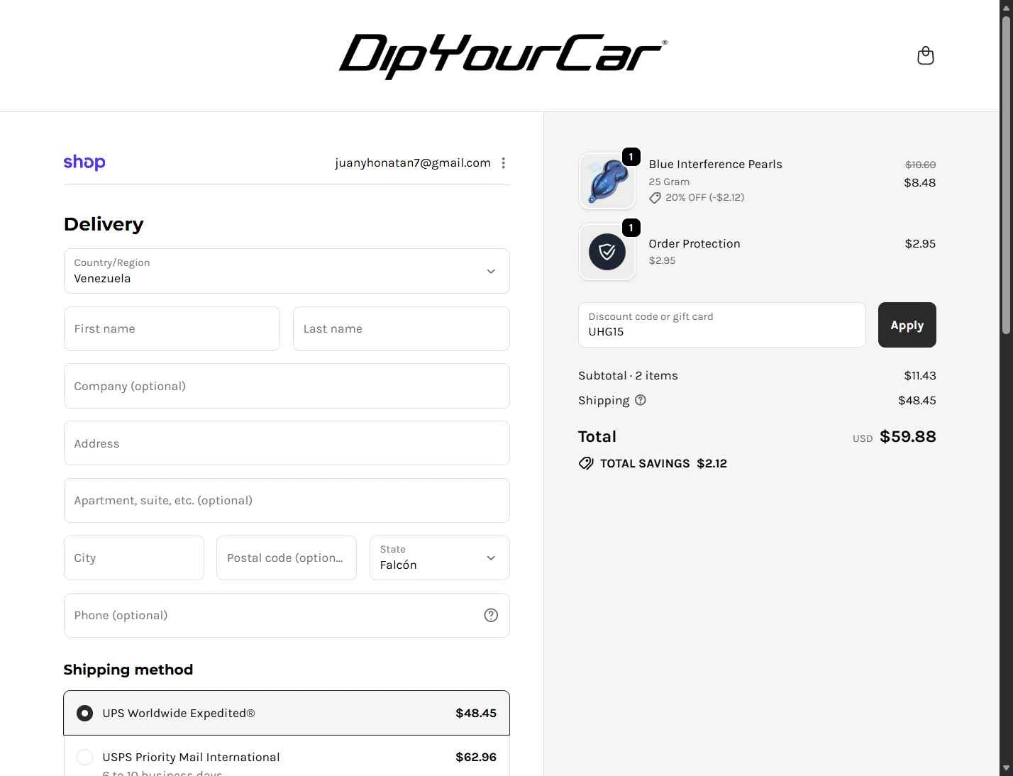 DipYourCar checkout page showing DipYourCar discount code box | Screenshot taken by SimplyCodes community member on Feb 2, 2026