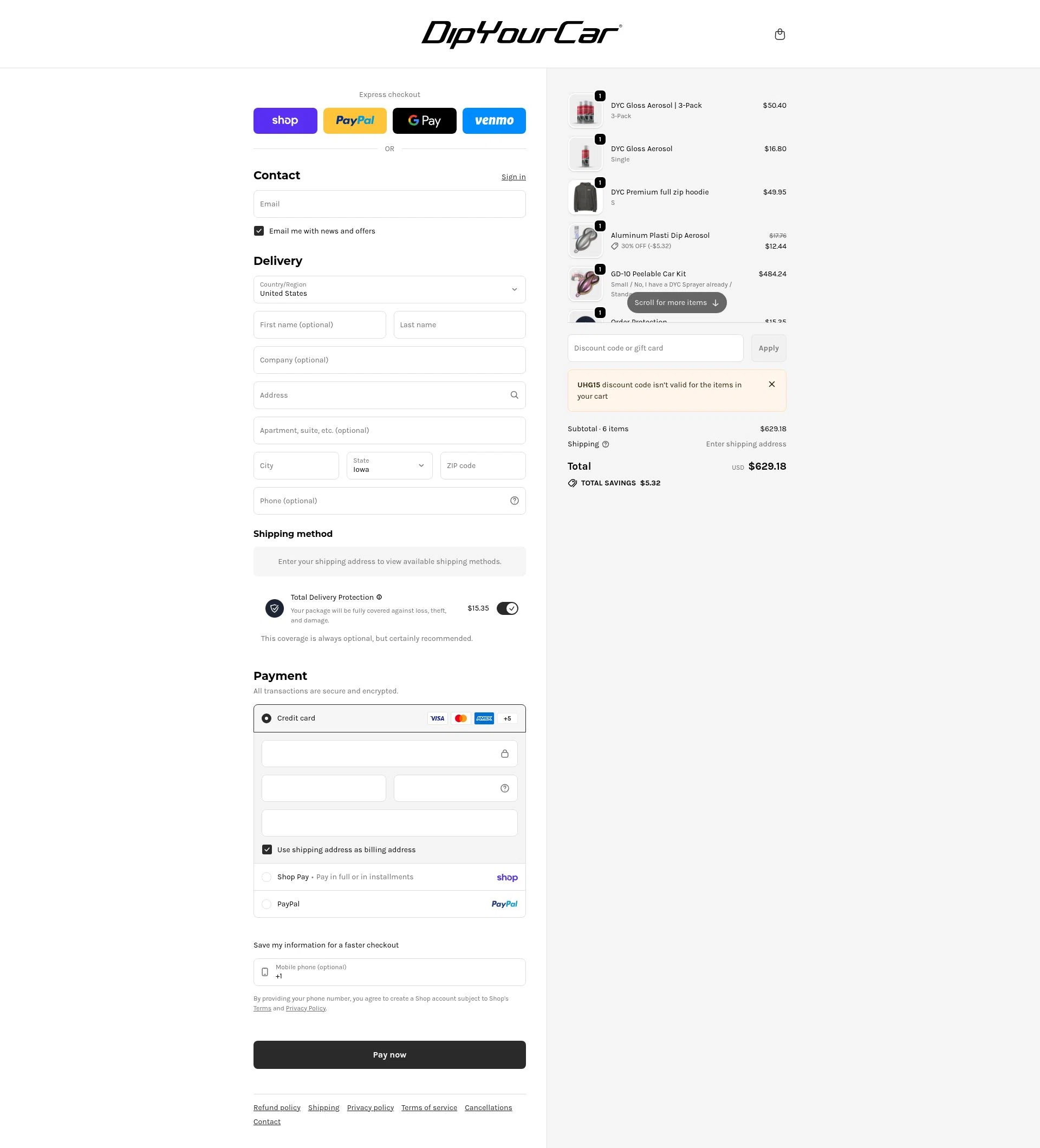 DipYourCar checkout page showing DipYourCar discount code box | Screenshot taken by SimplyCodes community member on Feb 19, 2026