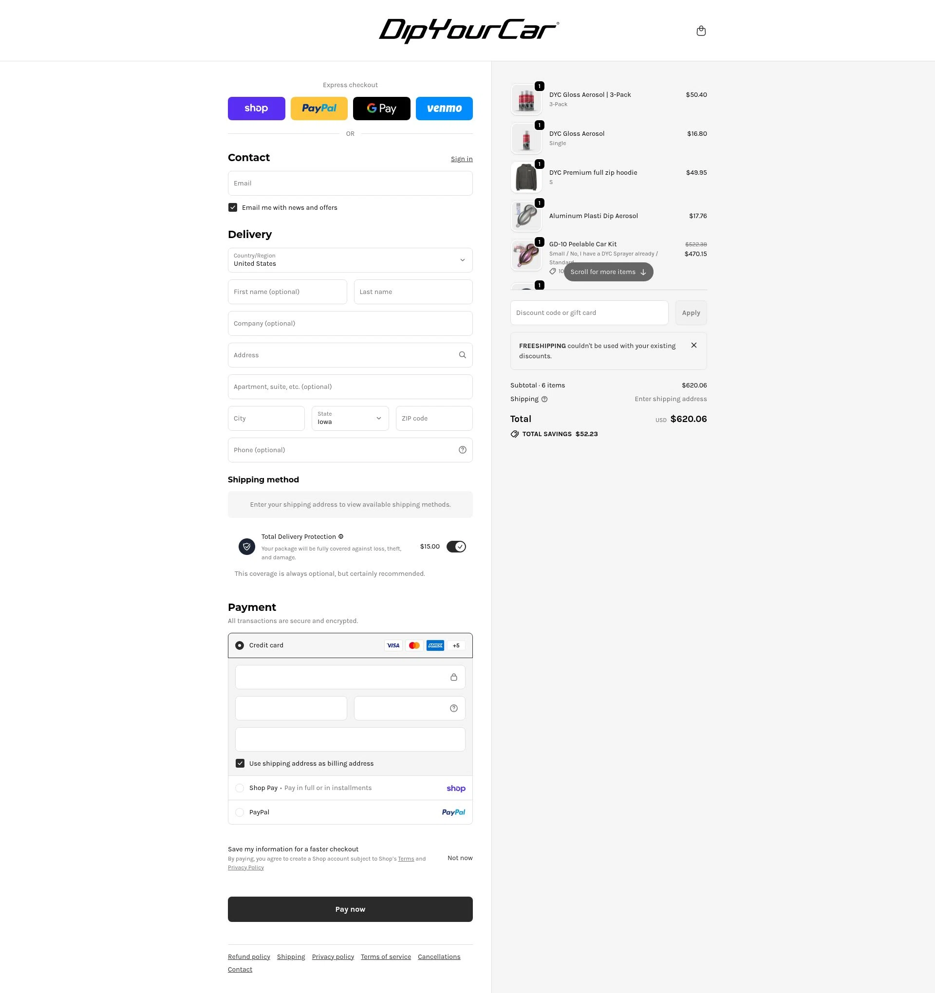 DipYourCar checkout page showing DipYourCar discount code box | Screenshot taken by SimplyCodes community member on Feb 15, 2026