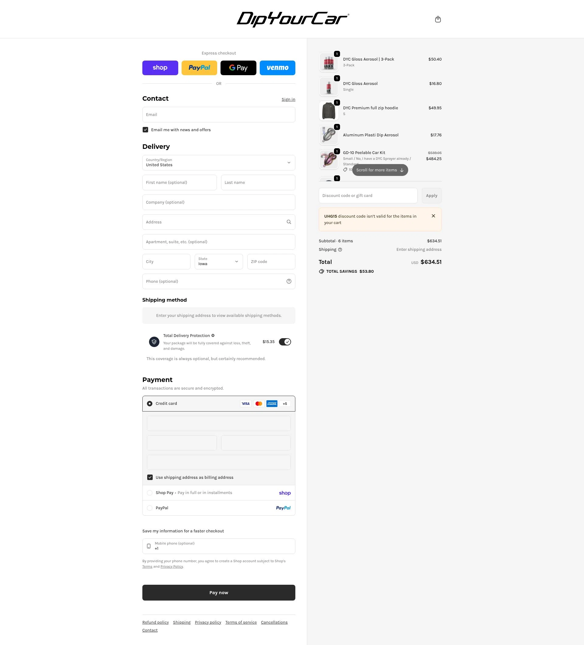 DipYourCar checkout page showing DipYourCar discount code box | Screenshot taken by SimplyCodes community member on Feb 11, 2026