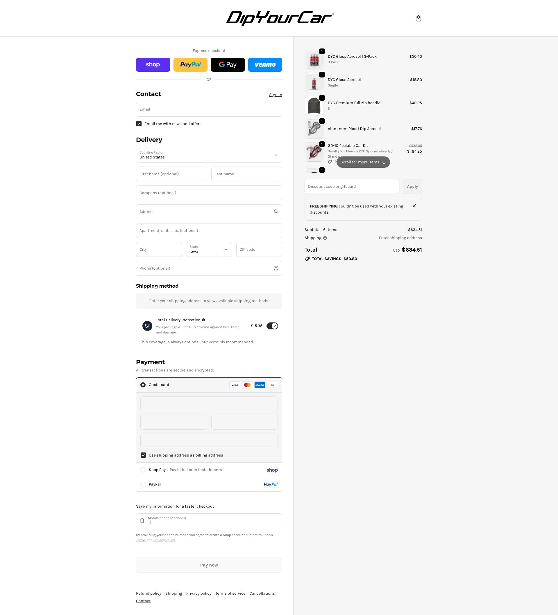 DipYourCar checkout page showing DipYourCar discount code box | Screenshot taken by SimplyCodes community member on Feb 11, 2026