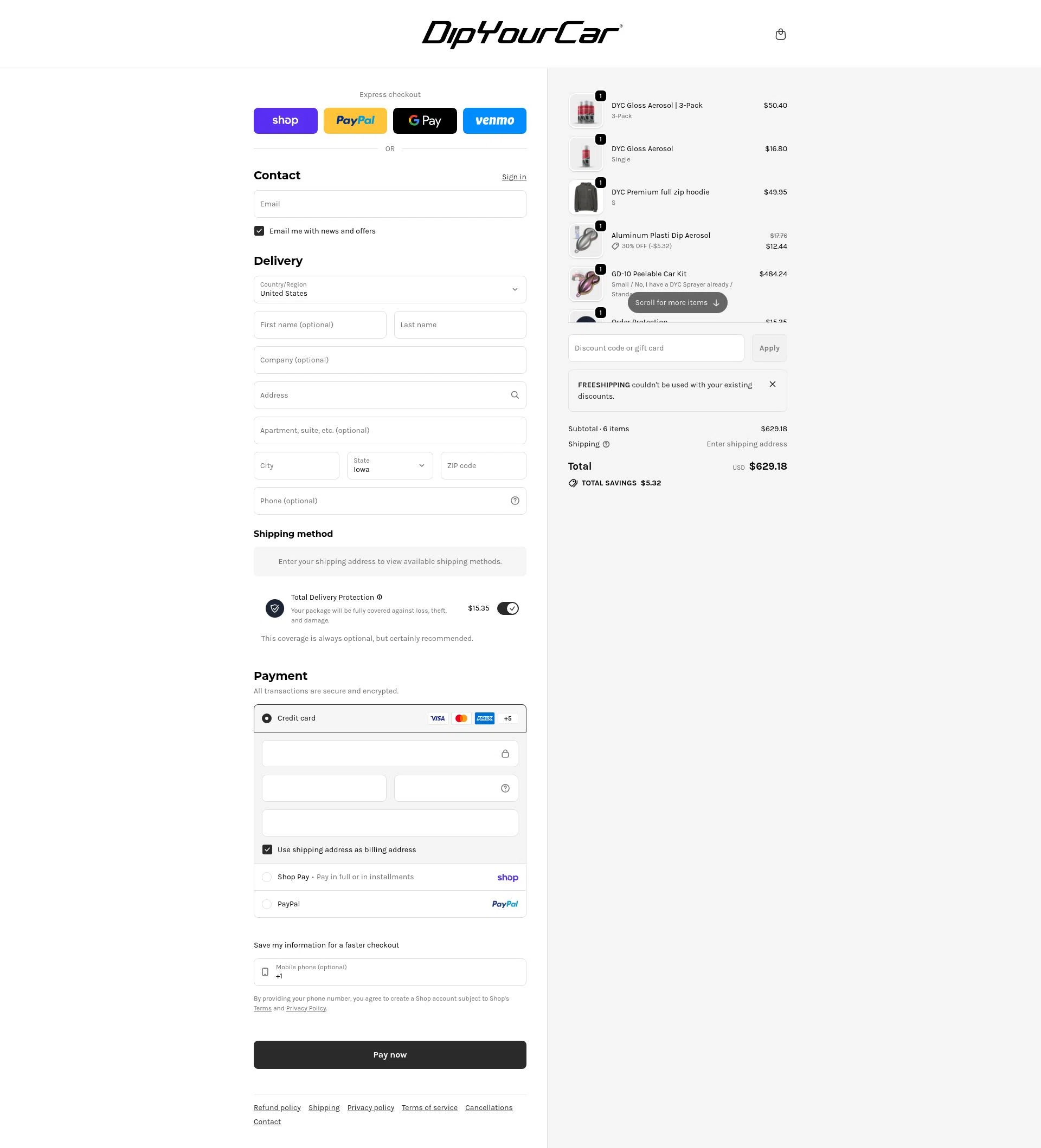 DipYourCar checkout page showing DipYourCar discount code box | Screenshot taken by SimplyCodes community member on Feb 19, 2026