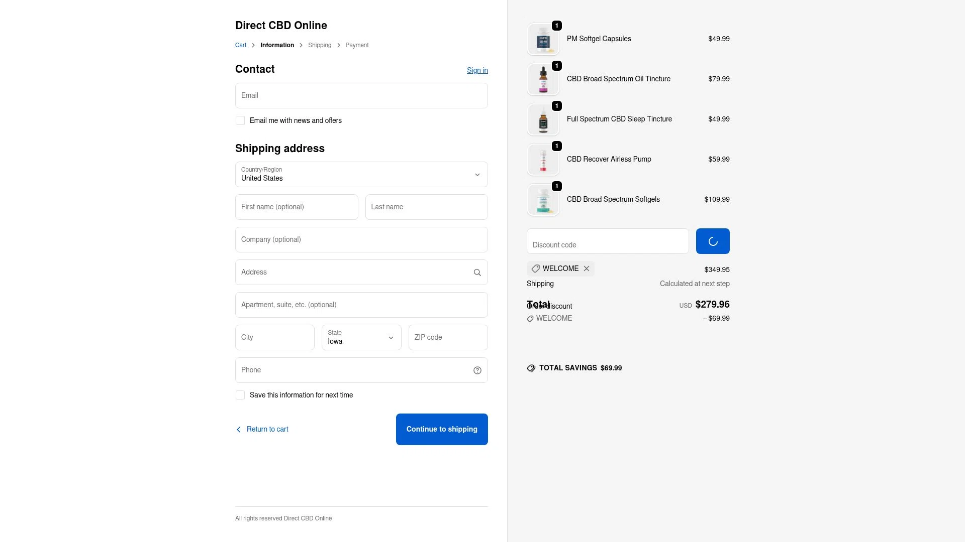 Direct CBD Online checkout page showing Direct CBD Online discount code box | Screenshot taken by SimplyCodes community member on Jan 24, 2026