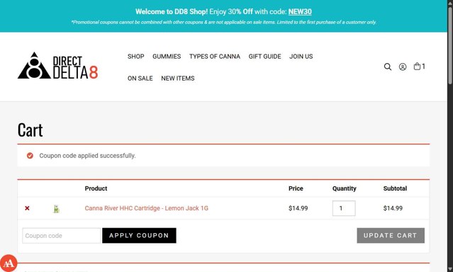 Direct Delta 8 checkout page showing Direct Delta 8 promo code box | Screenshot taken by SimplyCodes community member on Aug 16, 2025