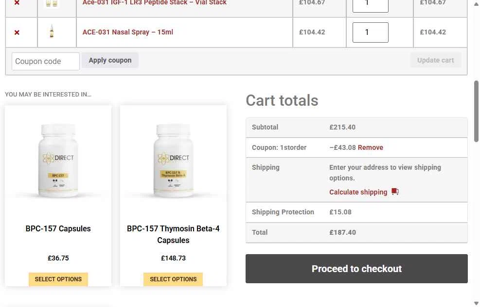 Direct Peptides US checkout page showing Direct Peptides US promo code box | Screenshot taken by SimplyCodes community member on Dec 12, 2025