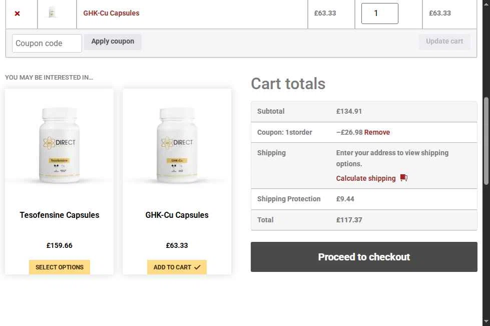 Direct Peptides US checkout page showing Direct Peptides US promo code box | Screenshot taken by SimplyCodes community member on Dec 8, 2025