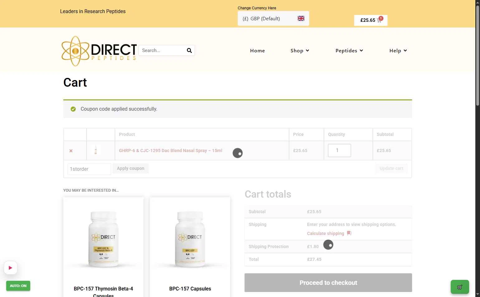 Direct Peptides US checkout page showing Direct Peptides US promo code box | Screenshot taken by SimplyCodes community member on Jan 11, 2026