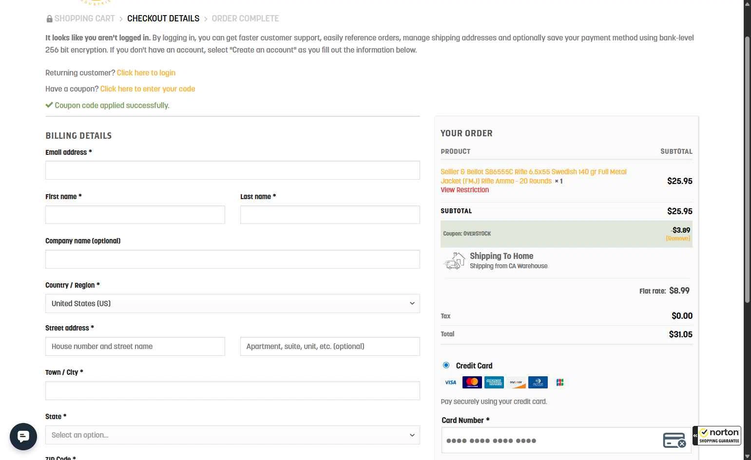 Dirty Bird Guns & Ammo checkout page showing Dirty Bird Guns & Ammo promo code box | Screenshot taken by SimplyCodes community member on Feb 11, 2026