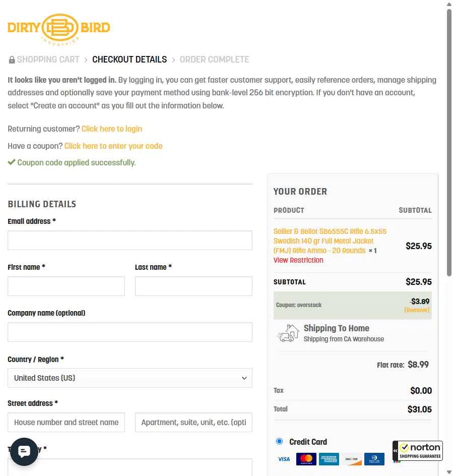 Dirty Bird Guns & Ammo checkout page showing Dirty Bird Guns & Ammo promo code box | Screenshot taken by SimplyCodes community member on Oct 25, 2025