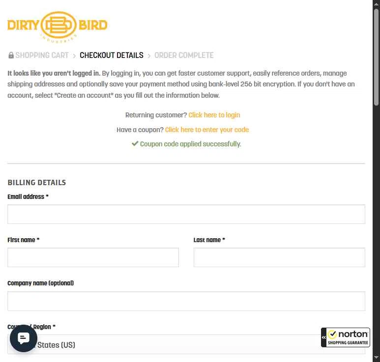 Dirty Bird Guns & Ammo checkout page showing Dirty Bird Guns & Ammo promo code box | Screenshot taken by SimplyCodes community member on Dec 17, 2025