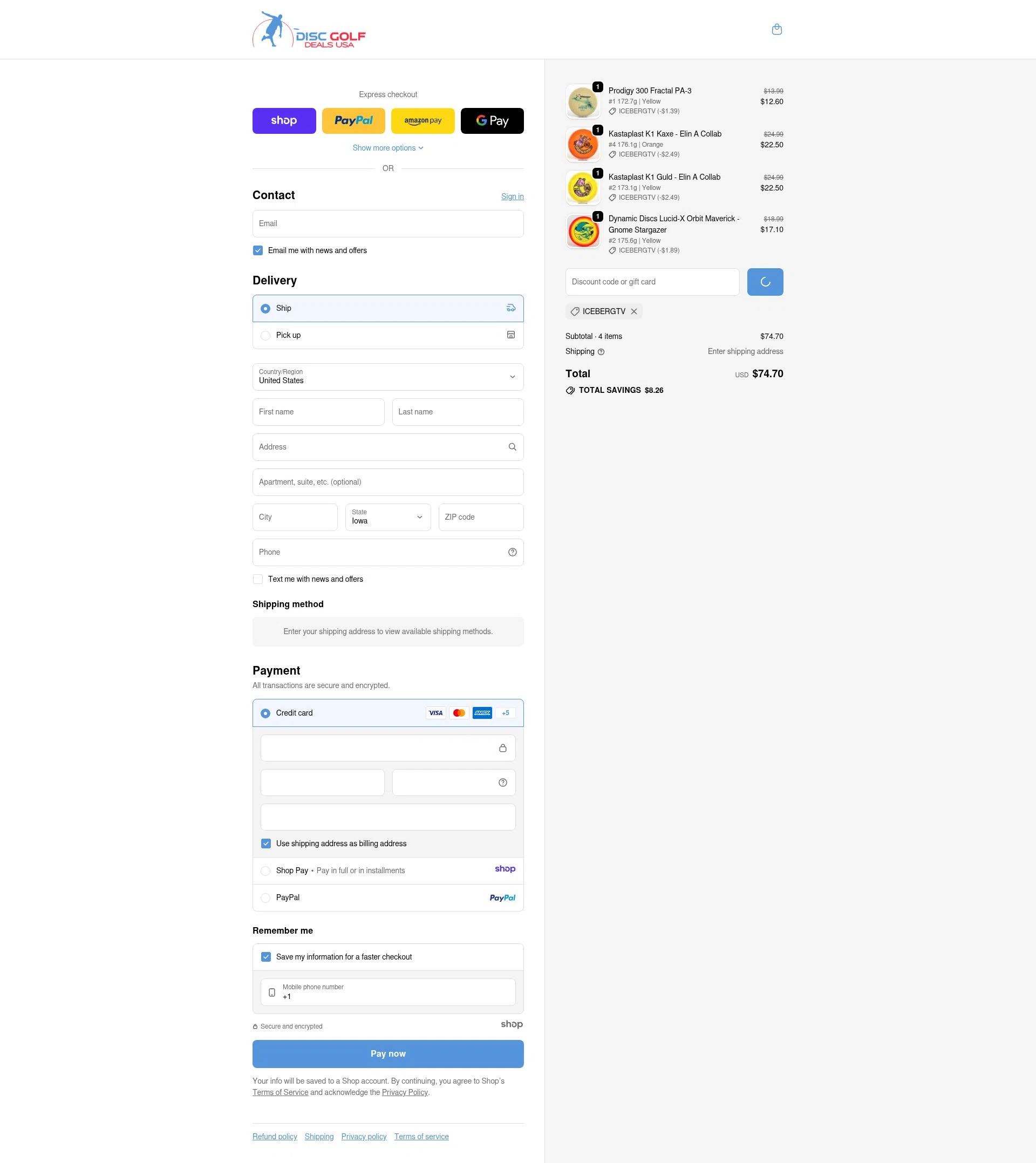 Disc Golf Deals USA checkout page showing Disc Golf Deals USA discount code box | Screenshot taken by SimplyCodes community member on Jan 3, 2026