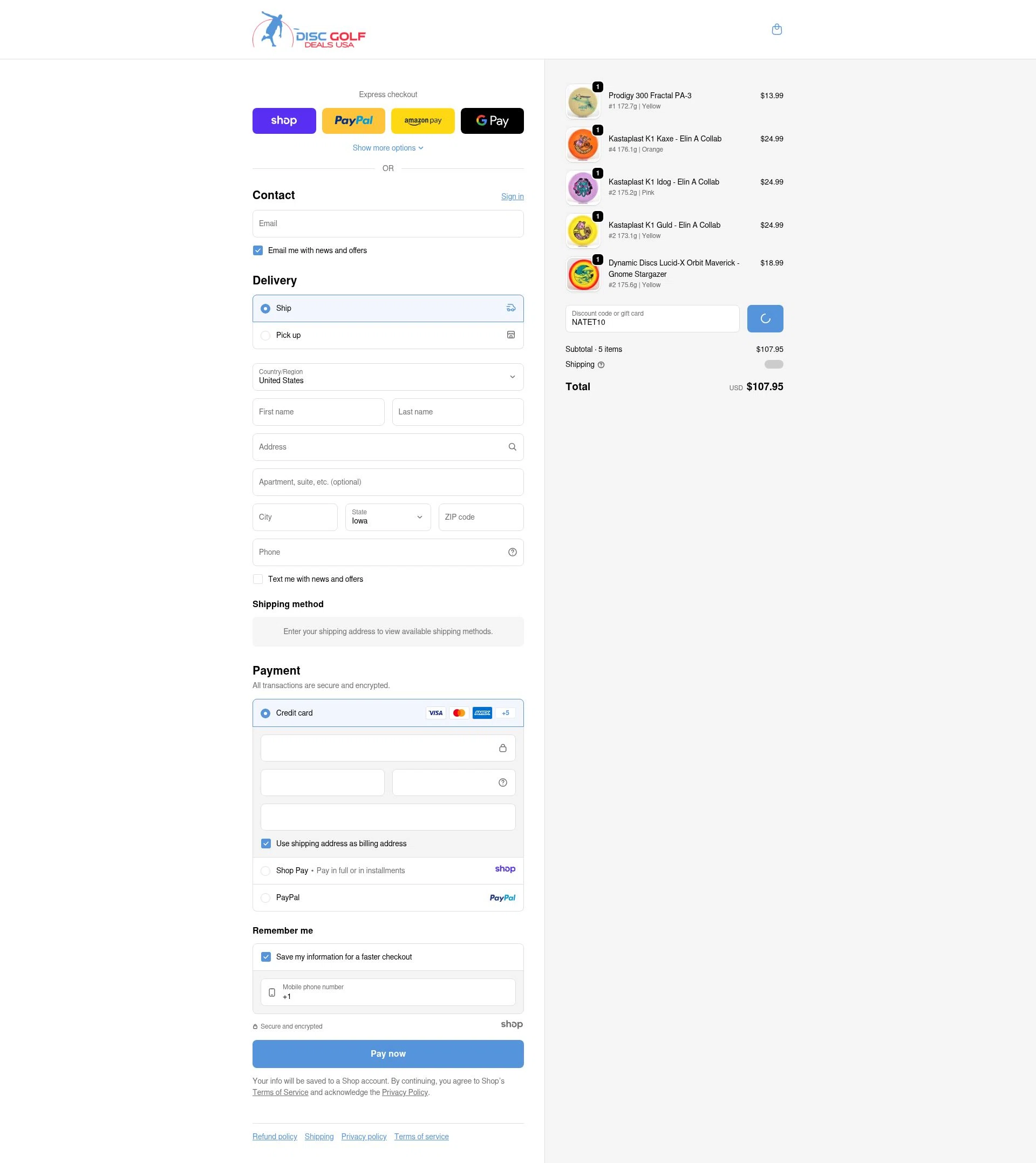 Disc Golf Deals USA checkout page showing Disc Golf Deals USA discount code box | Screenshot taken by SimplyCodes community member on Dec 29, 2025