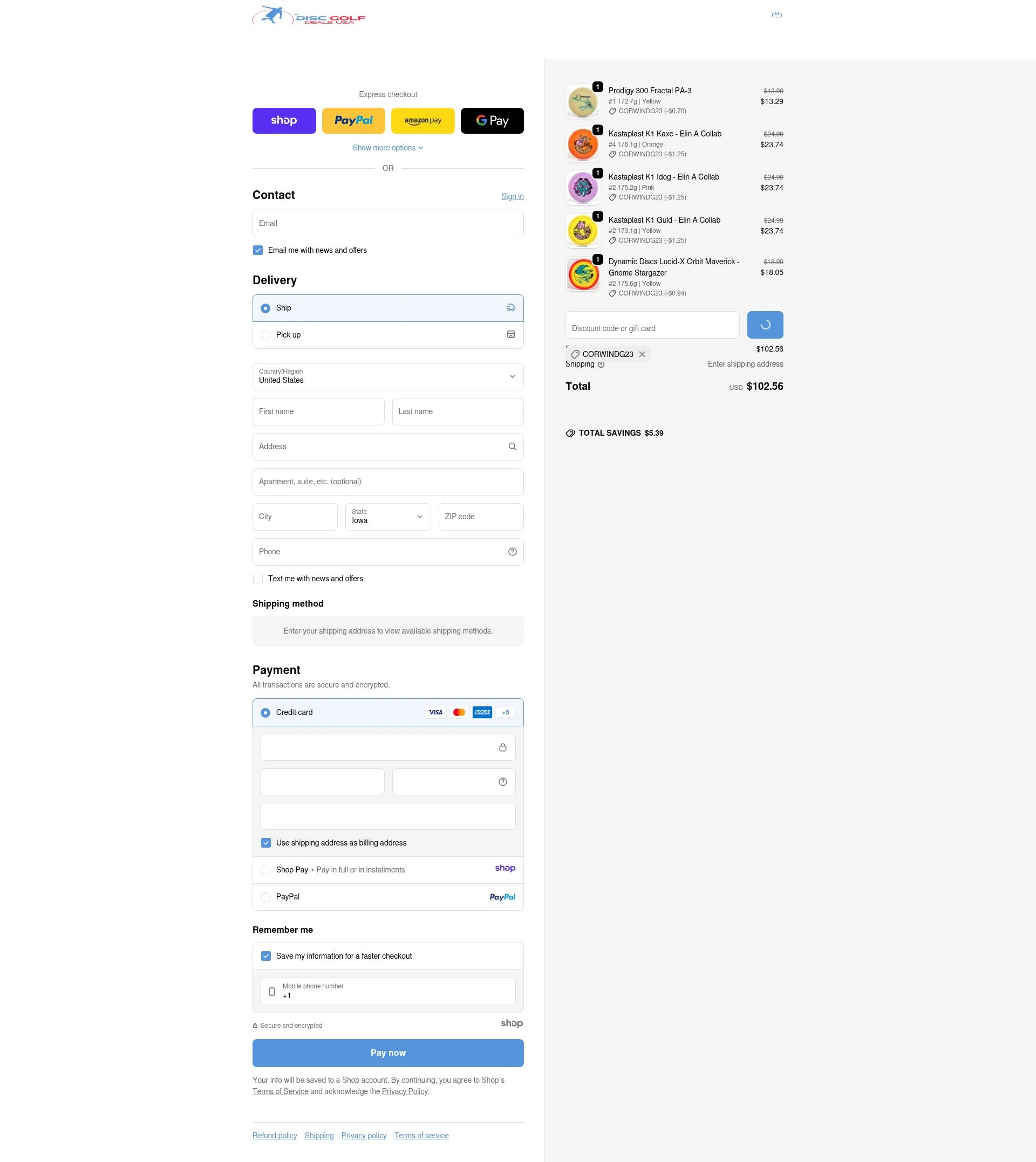 Disc Golf Deals USA checkout page showing Disc Golf Deals USA discount code box | Screenshot taken by SimplyCodes community member on Dec 29, 2025